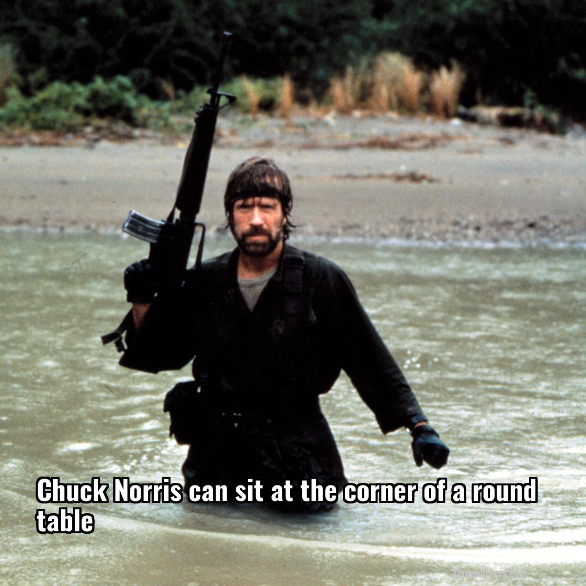 Chuck Norris can sit at the corner of a round table