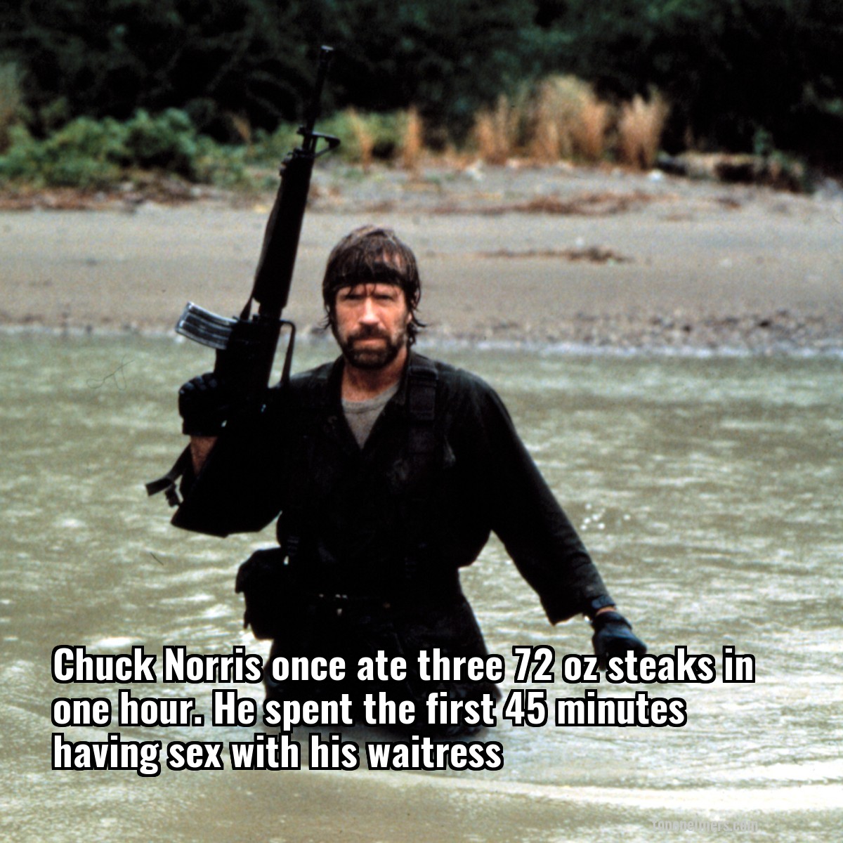 Chuck Norris once ate three 72 oz steaks in one hour. He spent the first 45 minutes having sex with his waitress